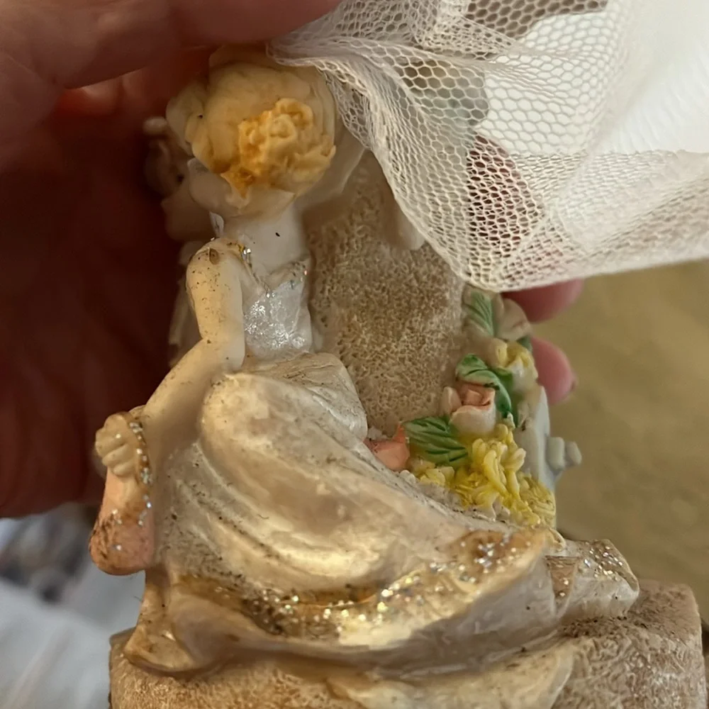 Vintage bride & groom 6” cake topper. Bride has veil & Shimmery dress, groom